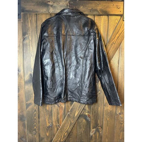 Cellini Leather Coat  Stitch Mosaic Patch Button Up Jacket - Picture 2 of 7